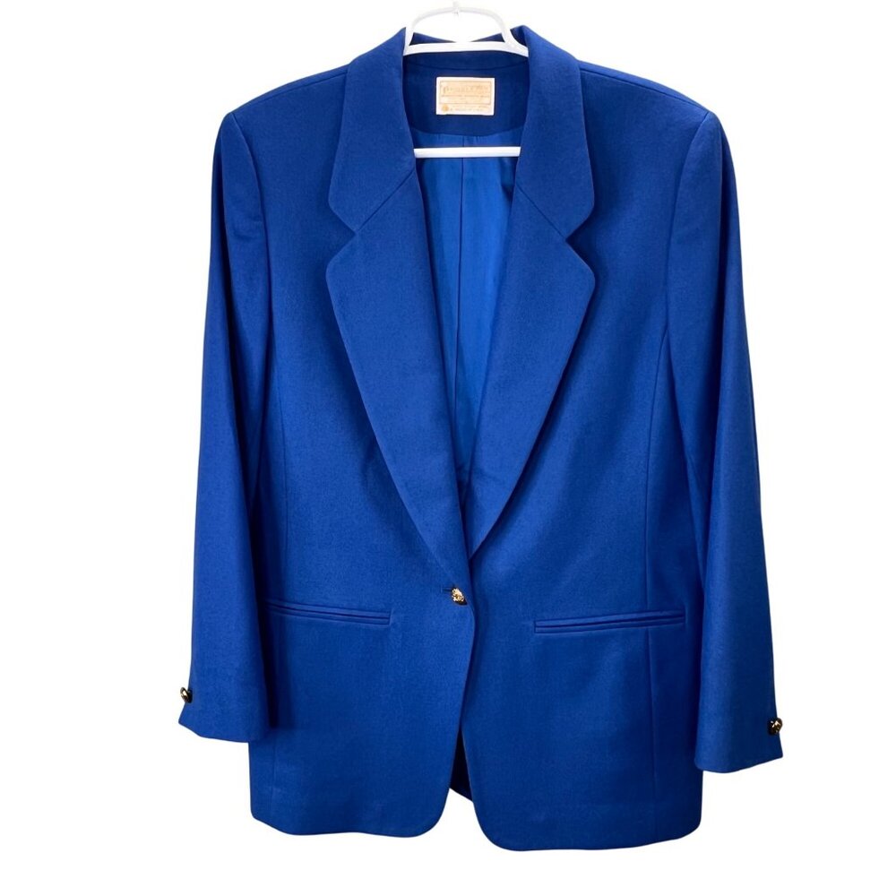 Vintage Pendleton Virgin Wool Blazer Jacket 12 Women Blue 1970s Lined Brass